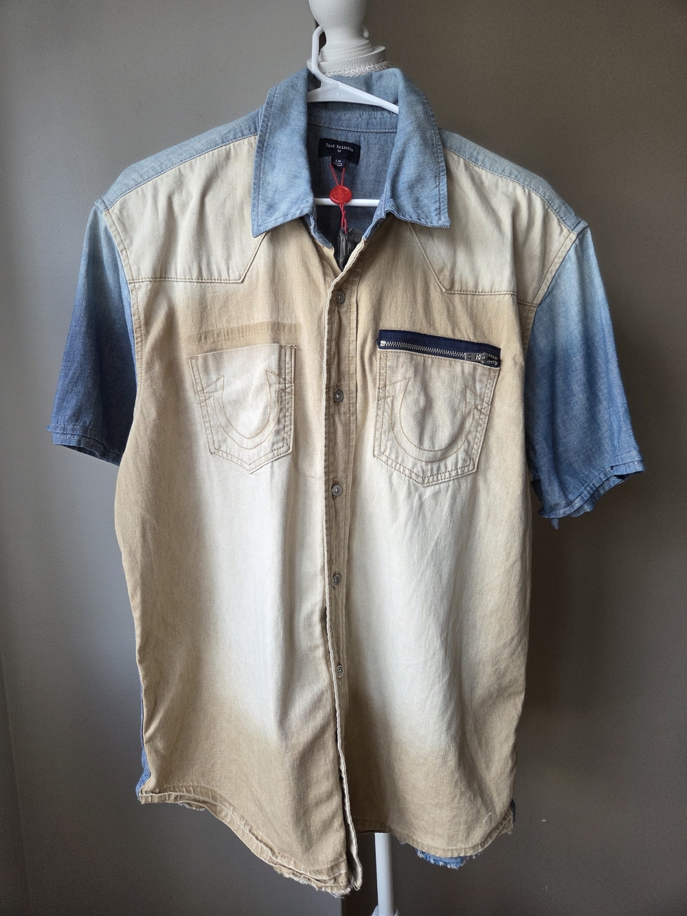 True Religion Men's Denim Colorblock Shirt Cotton Linen L NWT